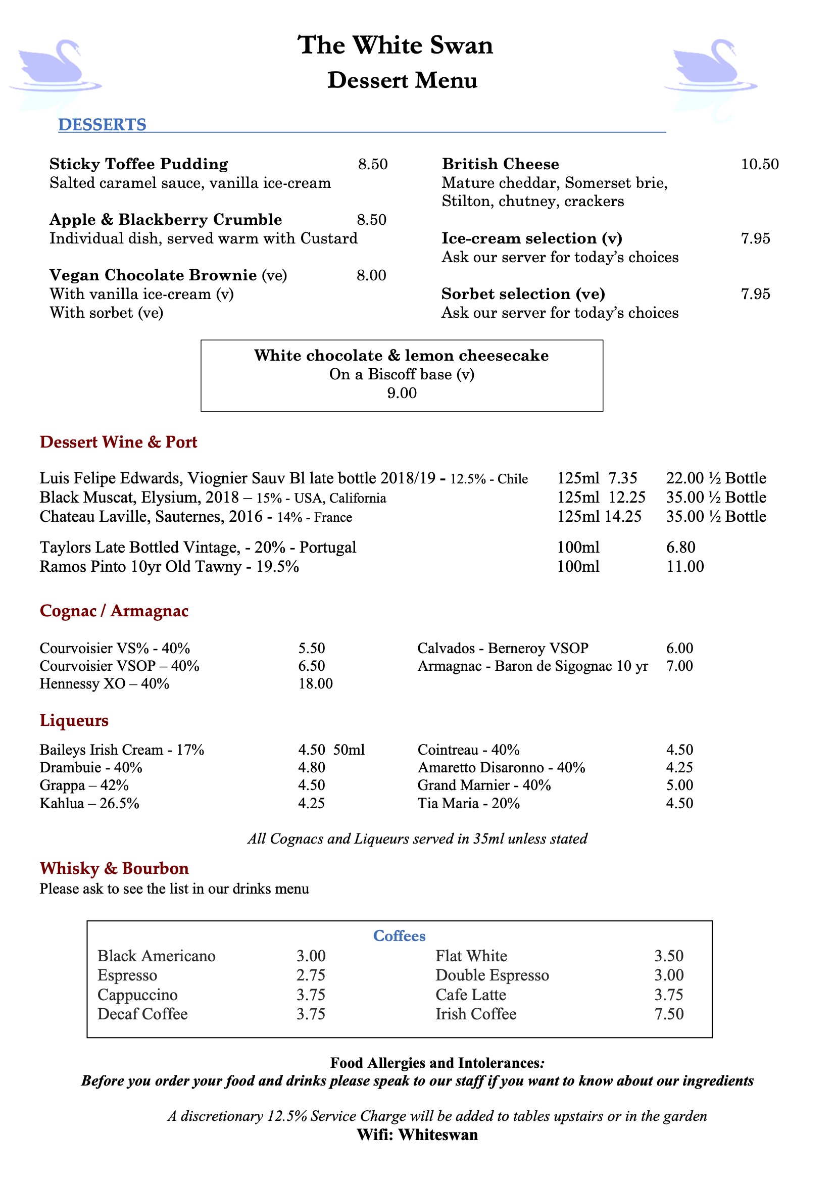 Sample Desserts Menu Winter 2024 White Swan Richmond